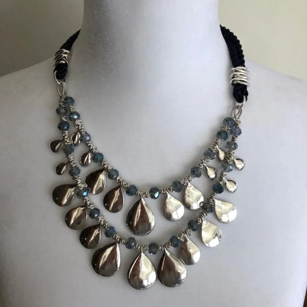 VINEYARD HAVEN Statement 2 Strand Silvertone/Blue Rope Necklace NWT